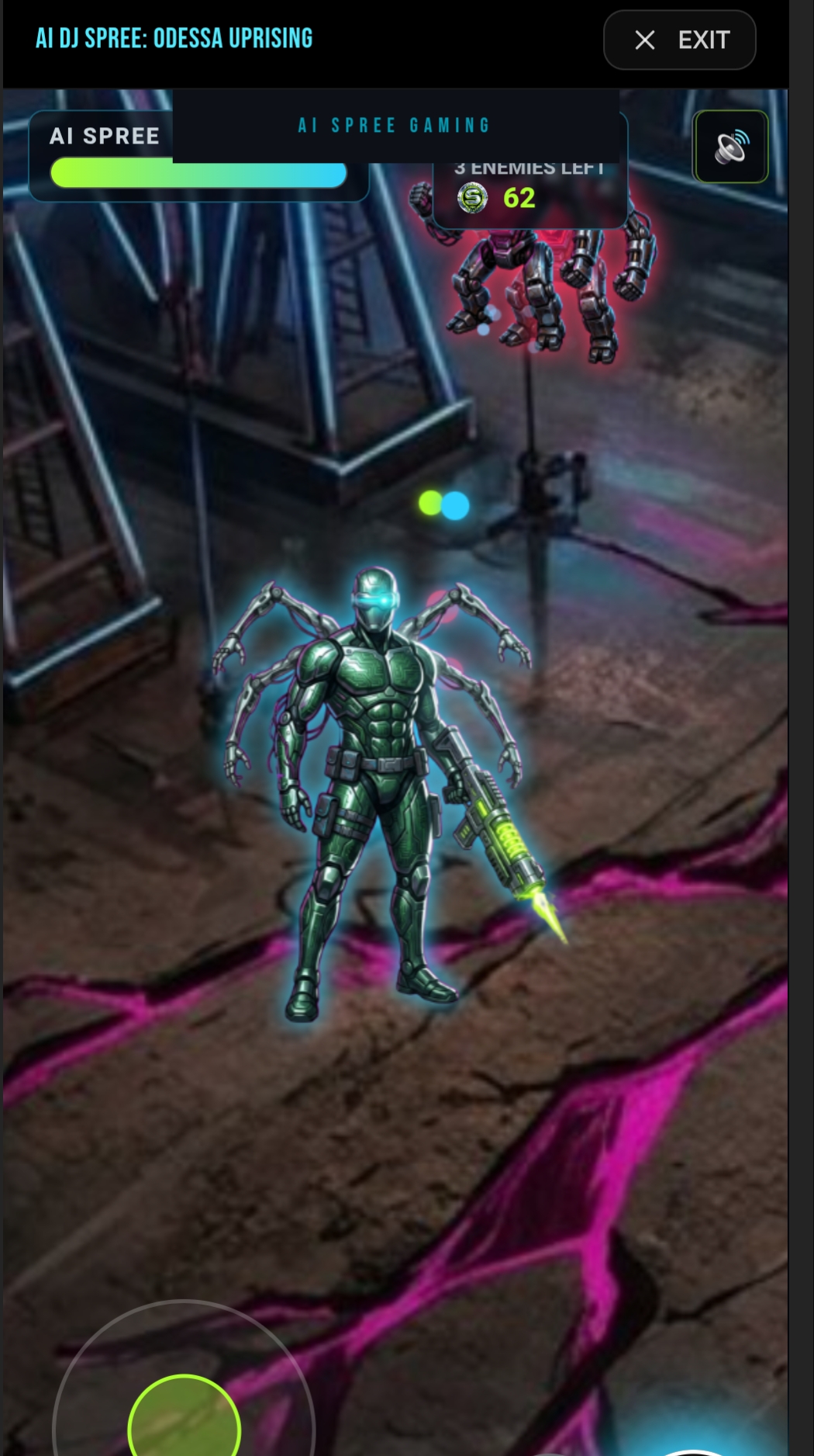 AI Spree character in cyberpunk oil field combat